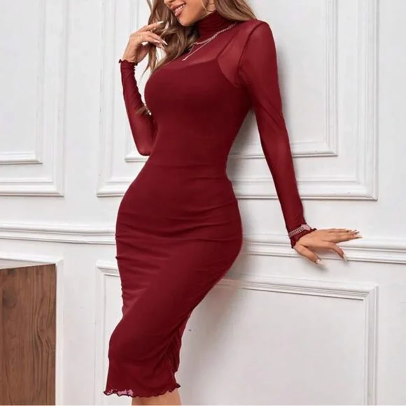 Bodycon Dress Valentines Dresses For Women Burgundy Mesh Bodycon